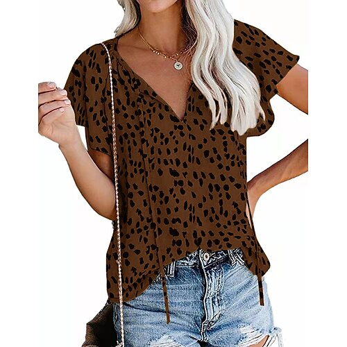 

Women's Blouse Shirt Green Brown Polka Dot Lace up Print Short Sleeve Daily Weekend Streetwear Casual V Neck Regular S