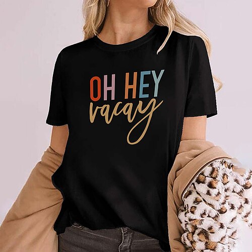 

Women's Casual Weekend Painting T shirt Tee Text Short Sleeve Print Round Neck Basic Tops White Black Gray S