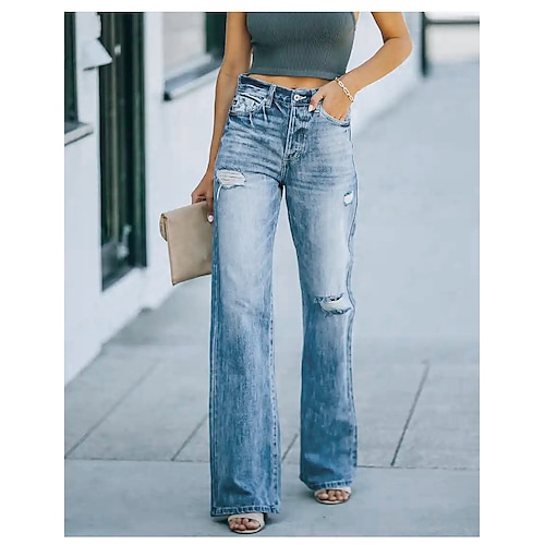 

Women's Pants Trousers Jeans Distressed Jeans Denim Blue Mid Waist Fashion Casual Weekend Side Pockets Cut Out Micro-elastic Full Length Comfort Plain S M L XL XXL