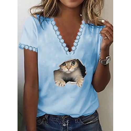 

Women's Casual Weekend 3D Cat Painting T shirt Tee Cat 3D Short Sleeve Lace Trims V Neck Basic Tops White Blue Yellow S