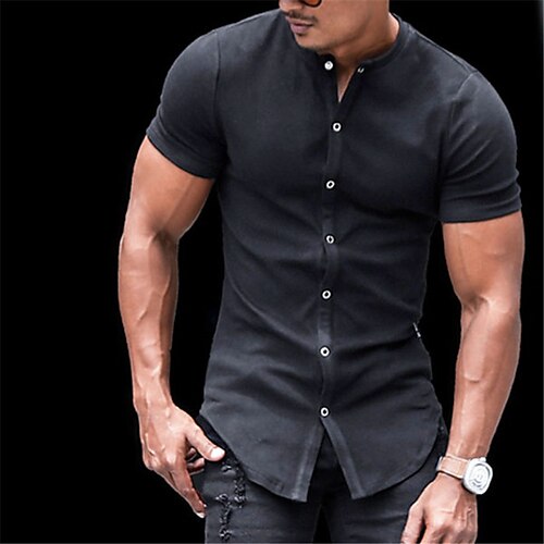 

Men's Shirt Solid Color Collar Street Casual Button-Down Short Sleeve Tops Casual Fashion Breathable Comfortable Black / Summer