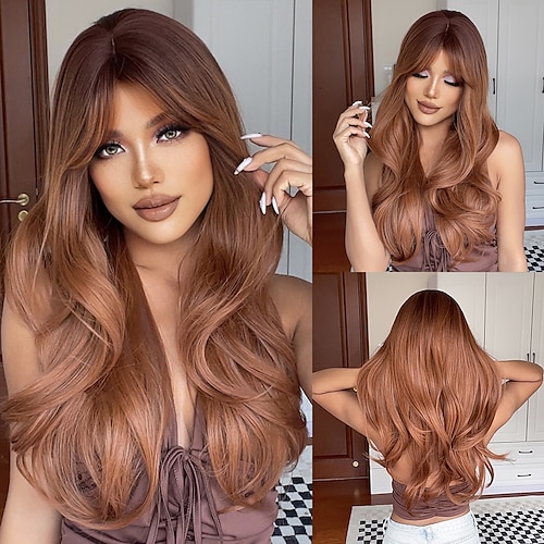 

HAIRCUBE Ombre Auburn/Brown/Black/Wine/White Wavy Wigs Coaplay Long Gradient Wave Middle Part Synthetic Wigs With Bangs For Women