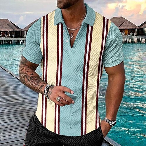 

Men's Collar Polo Shirt Golf Shirt Striped Turndown Light Blue 3D Print Street Daily Short Sleeve Zipper 3D Clothing Apparel Fashion Casual Breathable Comfortable / Beach