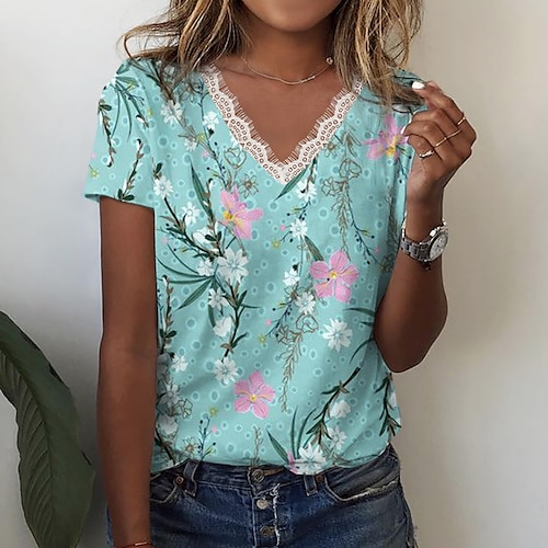 

Women's T shirt Tee Green Floral Lace Trims Print Short Sleeve Casual Holiday Basic Round Neck Regular Floral Painting S / 3D Print