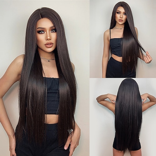 

HAIRCUBE Dark Brown 28 inch Lace Front Wig Long Natural Straight L Part Kanekalon Lace Wig With Baby Hair for Woman 180% Density