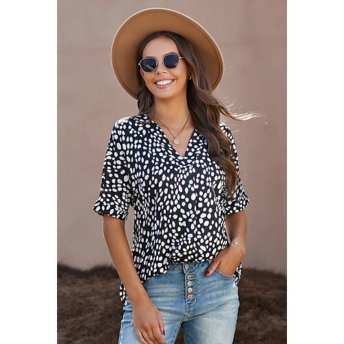 

Women's Polka Dot Daily Weekend Blouse Shirt Short Sleeve Print V Neck Casual Streetwear Tops Black Red Brown S / 3D Print