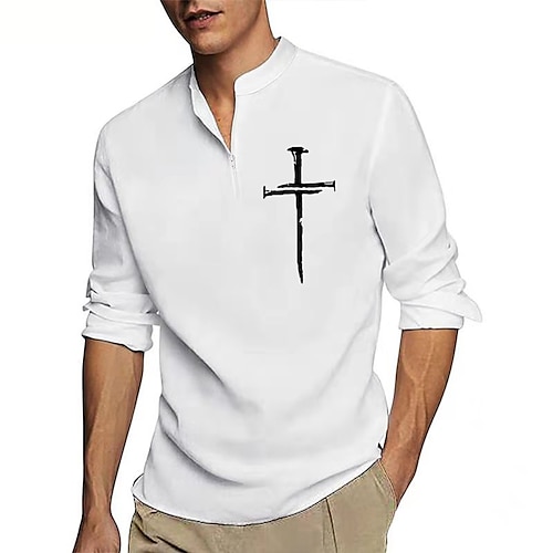 

Men's Henley Shirt Geometry Standing Collar White Black Hot Stamping Casual Daily Long Sleeve Clothing Apparel Vintage Elegant