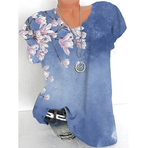 

Women's Plus Size Tops T shirt Tee Floral Print Short Sleeve Crewneck Streetwear Daily Sports Cotton Spandex Jersey Spring Summer Green Blue
