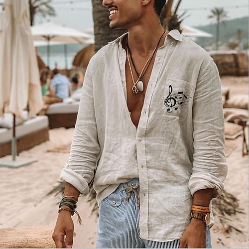 

Men's T shirt Shirt Graphic Patterned Solid Color Notes Turndown Casual Daily Button-Down Print Long Sleeve Tops Casual Exaggerated Green White