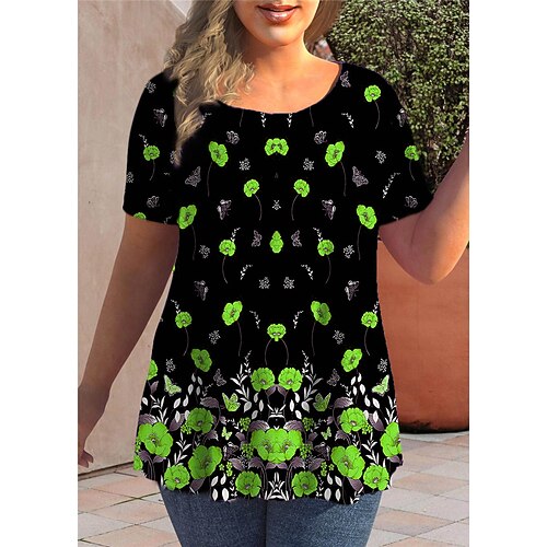 

Women's Plus Size Tops T shirt Tee Leaf Print Short Sleeve Crewneck Streetwear Daily Back to School Cotton Spandex Jersey Spring Summer Green Blue