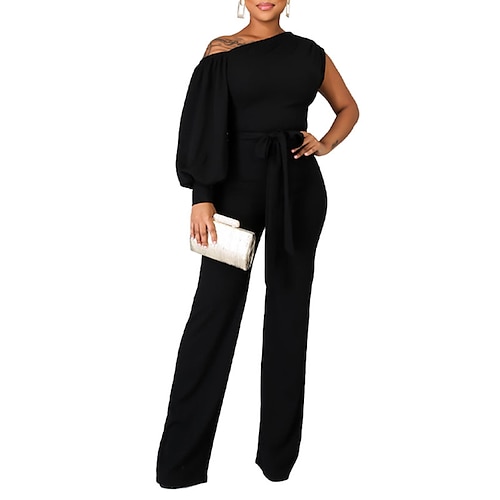 

Damen Jumpsuit mit Schnürung Feste Farbe Ein-Schulter Strassenmode Elegant Party Strasse Regular Fit Langarm Rote Weiß Schwarz S M L XL Frühling