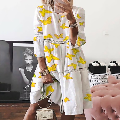 

Women's Casual Dress Knee Length Dress Blue Gray Yellow Red 3/4 Length Sleeve Butterfly Pure Color Hollow Out Patchwork Print Spring Summer Crew Neck Personalized Stylish Casual 2022 S M L XL XXL 3XL