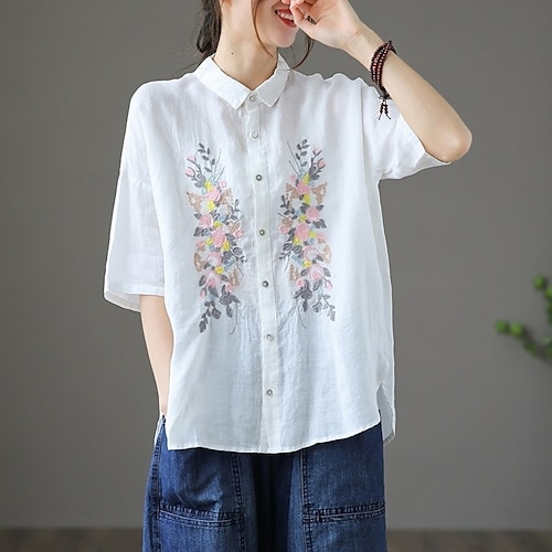

Women's Floral Daily Weekend Floral Blouse Shirt Short Sleeve Embroidered Button Shirt Collar Casual Streetwear Tops White Navy Blue M