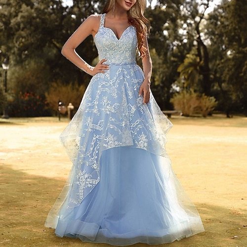 

A-Line Prom Dresses Floral Dress Prom Floor Length Sleeveless V Neck Tulle with Criss Cross Appliques 2022