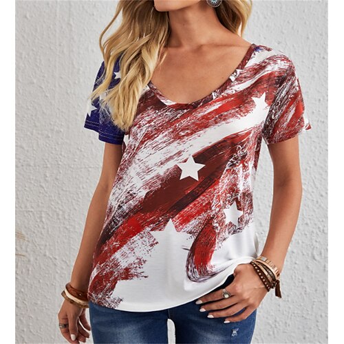 

Women's T shirt Tee Red USA Short Sleeve Independence Day Hawaiian V Neck Regular S