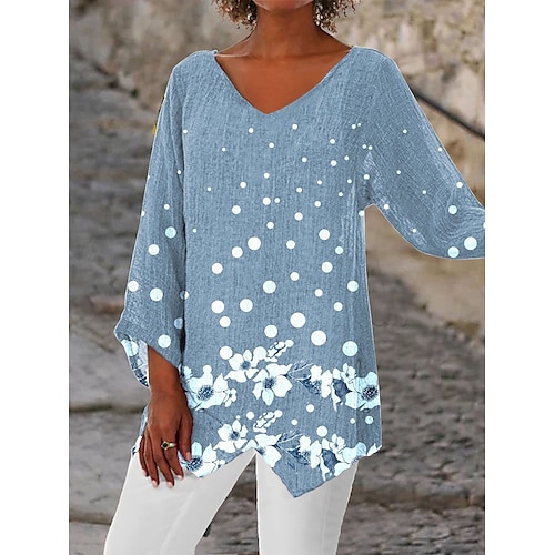 

Women's Blouse Shirt Tunic Blue Navy Blue Gray Floral Polka Dot Asymmetric Print Long Sleeve Holiday Weekend Casual Beach V Neck Long Floral S