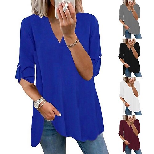 

women's clothing long-sleeved shirt solid color v-neck pullover casual loose t-shirt top