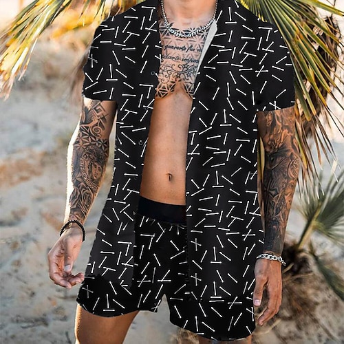 

Men's Shirt 3D Print Graphic Patterned Turndown Christmas Party Button-Down Short Sleeve Tops Casual Slim Fit Black Navy Blue / Summer