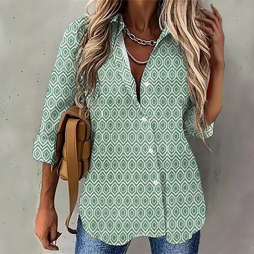 

Women's Blouse Shirt Green Blue Red Geometric Button Print Long Sleeve Daily Weekend Streetwear Casual Shirt Collar Regular Geometric S / 3D Print