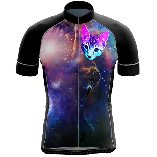 

21Grams Men's Cycling Jersey Short Sleeve Bike Jersey Top with 3 Rear Pockets Mountain Bike MTB Road Bike Cycling Breathable Quick Dry Moisture Wicking Reflective Strips Purple Galaxy Cat Polyester