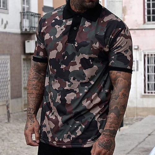 

Men's Collar Polo Shirt Golf Shirt Camo / Camouflage Turndown Army Green Street Casual Short Sleeve 3D Button-Down Clothing Apparel Fashion Casual Comfortable / Beach