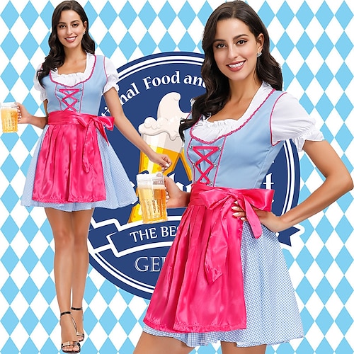 

Oktoberfest Beer International Beer Festival Dirndl Trachtenkleider Women's Dress Apron Bavarian Costume Rose Red