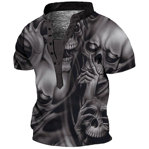 

Men's T shirt Tee Henley Shirt Tee Graphic Skull Stand Collar Dark Gray 3D Print Plus Size Outdoor Daily Short Sleeve Button-Down Print Clothing Apparel Basic Designer Casual Big and Tall / Summer