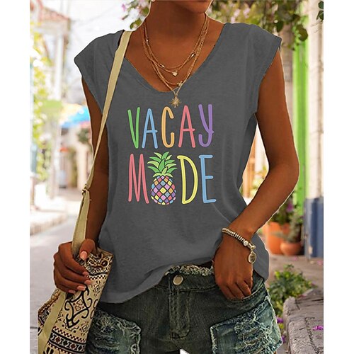

Débardeur Camisoles Femme Noir Gris Lettre Fruit Imprimer Sans Manches du quotidien Fin de semaine Vêtement de rue Décontractées Col V Normal Vacay Mode Standard Vacances S