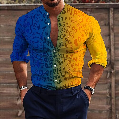 

Men's Shirt 3D Print Gradient Letter Stand Collar Street Casual Button-Down Print Long Sleeve Tops Designer Casual Fashion Breathable Yellow / Summer