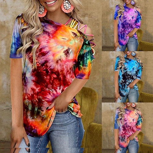 

cross-border 2021 summer amazon hot style european and american tie-dye printing short-sleeved off-the-shoulder sexy casual loose t-shirt women