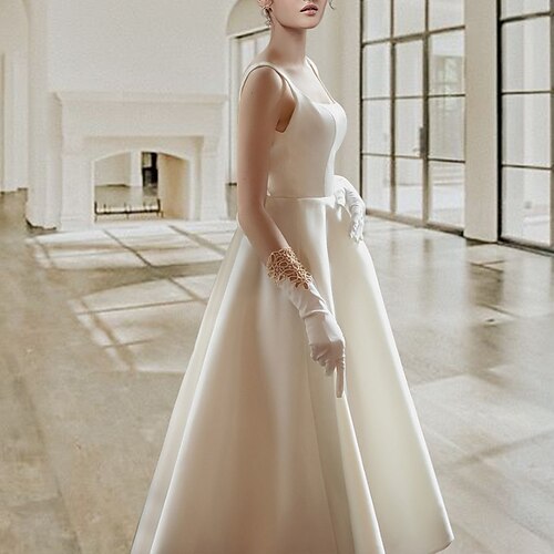 

A-Line Wedding Dresses Square Neck Tea Length Satin Sleeveless Simple Sexy Little White Dress Backless 1950s with Bow(s) 2022