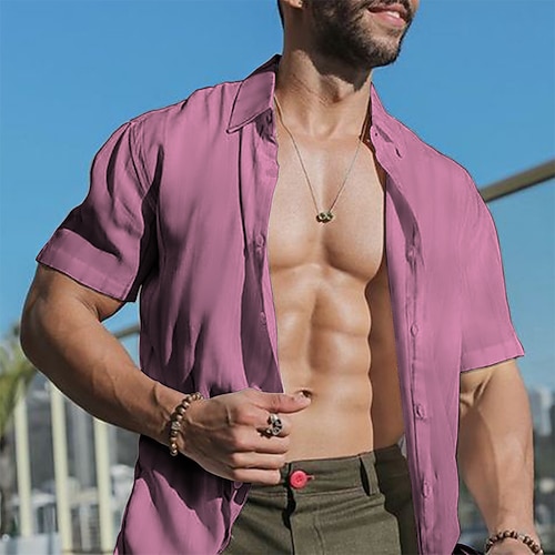 

Men's Shirt Solid Color Turndown Street Casual Button-Down Short Sleeve Tops Casual Fashion Breathable Comfortable Pink