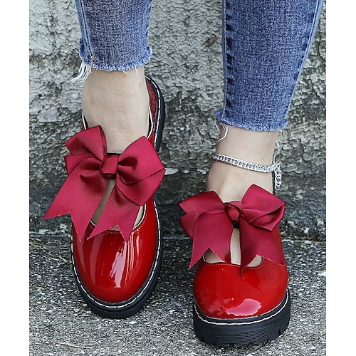 

Women's Loafers Daily Plus Size Bowknot Chunky Heel Round Toe Casual Preppy PU Leather Loafer Solid Colored Black Red