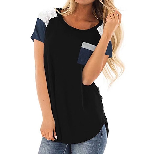 

Women's Color Block Casual Weekend T shirt Tee Short Sleeve Pocket V Neck Basic Essential Tops Black Blue Wine S