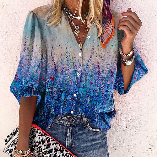 

Women's Blouse Shirt Blue Yellow Red Floral Button Print Long Sleeve Daily Weekend Streetwear Casual Standing Collar Regular Floral S / 3D Print