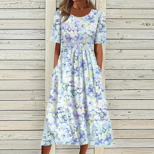 

Women's Shift Dress Swing Dress Midi Dress Blue Short Sleeve Floral Pocket Spring Summer Crew Neck Loose Fit 2022 S M L XL XXL 3XL