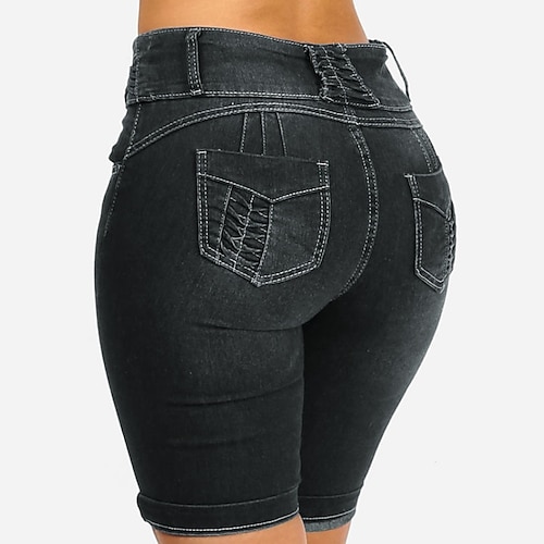 

Women's Shorts Denim Black Mid Waist Fashion Casual Weekend Side Pockets Micro-elastic Short Comfort Plain S M L XL / Slim