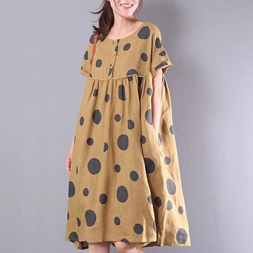 

Women's Swing Dress Short Mini Dress Yellow Short Sleeve Polka Dot Ruched Button Summer Round Neck Stylish Casual 2022 M L XL