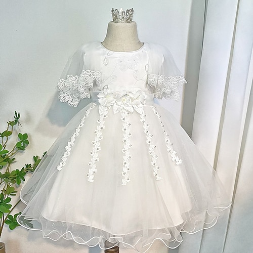 

Kids Little Girls' Dress Floral A Line Dress Party Ruched Mesh Print White Cotton Knee-length Short Sleeve Princess Cute Dresses Spring Summer Regular Fit 3-10 Years