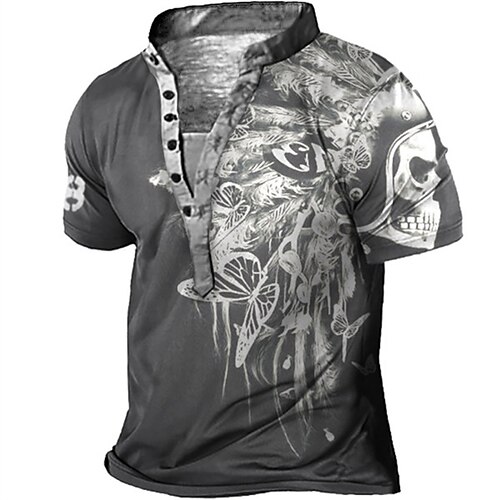 

Men's Henley Shirt Tee T shirt Tee 3D Print Graphic Skull Plus Size Stand Collar Daily Sports Button-Down Print Short Sleeve Tops Designer Basic Casual Big and Tall Gray / Summer