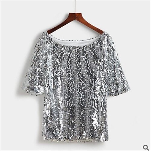 

Women's Blouse Plain Party Holiday Club Blouse Shirt Half Sleeve Round Neck Sexy Black Golden Silver S