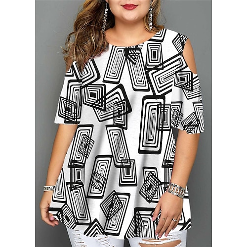 

Women's Plus Size Tops Blouse Shirt Geometry Cut Out Print Half Sleeve Crewneck Streetwear Daily Going out Cotton Spandex Jersey Spring Summer White Yellow