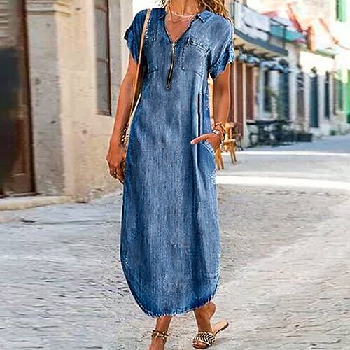 

Women's Casual Dress Denim Dress Long Dress Maxi Dress Blue Short Sleeve Pure Color Zipper Spring Summer Shirt Collar Weekend Loose Fit 2022 S M L XL XXL 3XL