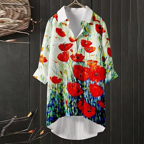 

Women's Plus Size Curve Tops Blouse Shirt Floral Cat Pocket Button Half Sleeve Shirt Collar Streetwear Daily Going out Polyester Spring Summer White Black / Butterfly