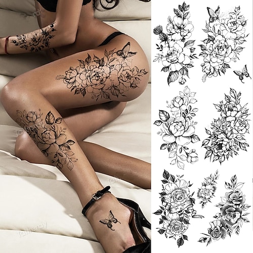 

6PCS Tattoo Sticker Flower Big Body Art Waterproof Temporary Sexy Thigh Tattoos For Woman Tattoo Fake Water Black Sketch Line Sleeve