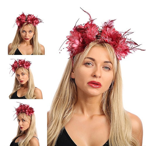 

Red Fabric Flower Feather With Skull Plastic Headband Festival Headwear for Festival, Carnival, Oktoberfest Beer International Beer Festival