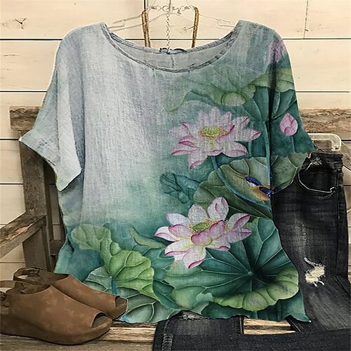 

Mujer Camisa Verde Trébol Flor Manga Corta Escote Redondo S