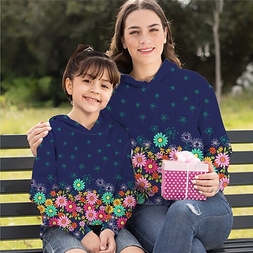 

Mommy and Me Hoodie Floral Sports Outdoor Print Navy Blue Long Sleeve Active Matching Outfits