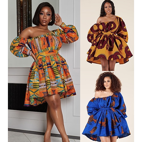 

Actriz principal Adultos Mujer estampado africano cocina Hombros Caídos Boho Vestidos trajes africanos modernos Para Fiesta Poliéster Mascarada Vestido