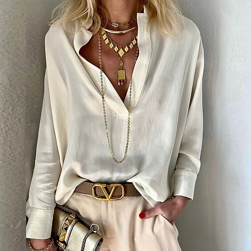 

Women's Plain Daily Weekend Blouse Shirt Long Sleeve Standing Collar Casual Streetwear Tops Pink Yellow Beige S